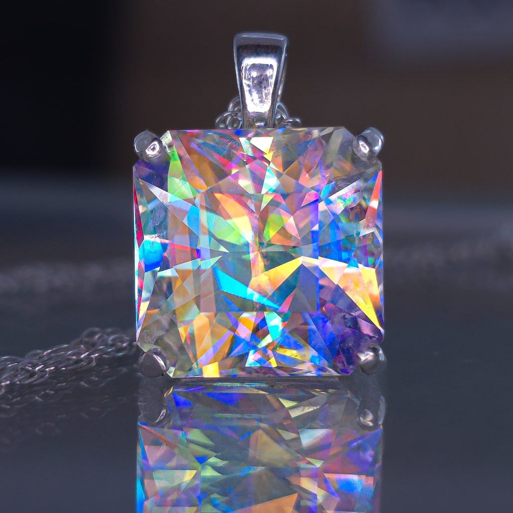 Rainbow Prism cube pendant Square Barion cut set in sterling silver 12.mm