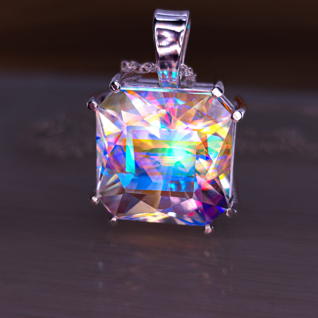 Rainbow Prism cube pendant Square Barion cut set in sterling silver 17mm