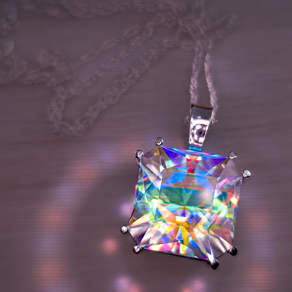 Rainbow Prism cube pendant Square Barion cut set in sterling silver 17mm
