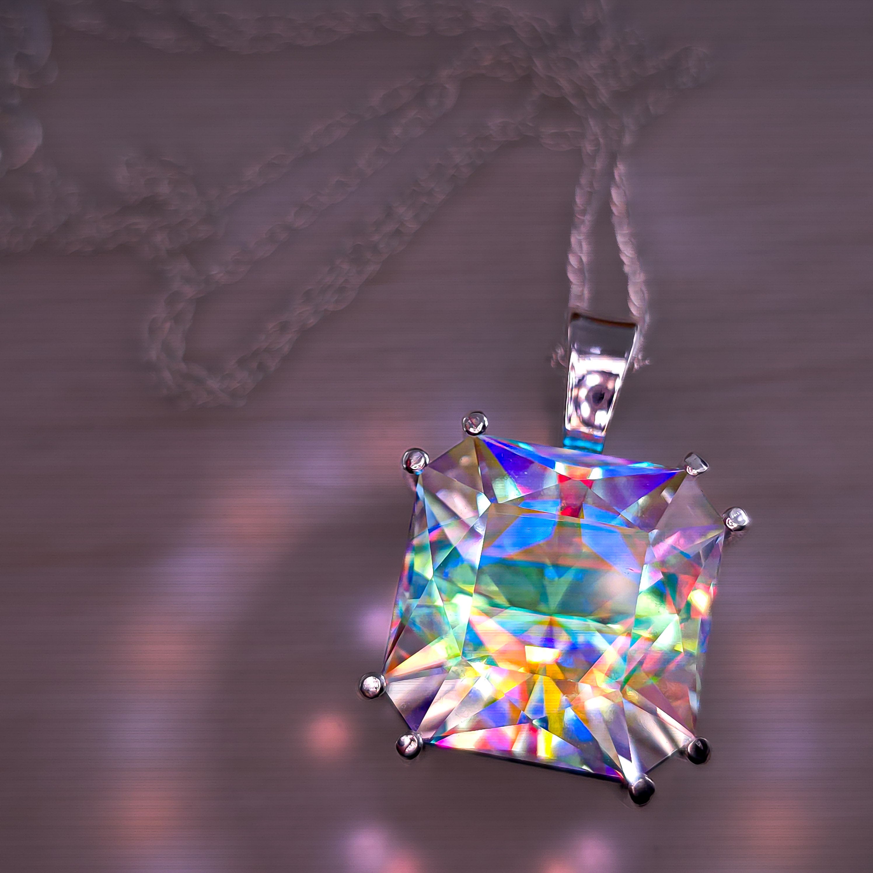 Rainbow Prism cube pendant Square Barion cut set in sterling silver 17mm