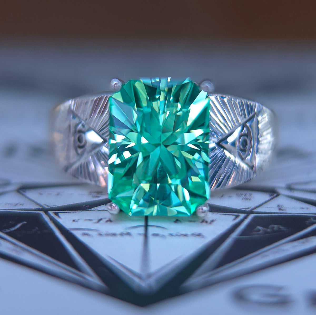 Engraved Sterling Silver Ring with 4.7ct Light Green Lab Sapphire