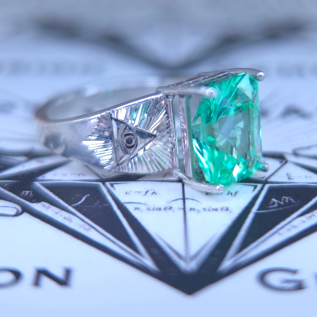 Engraved Sterling Silver Ring with 4.7ct Light Green Lab Sapphire