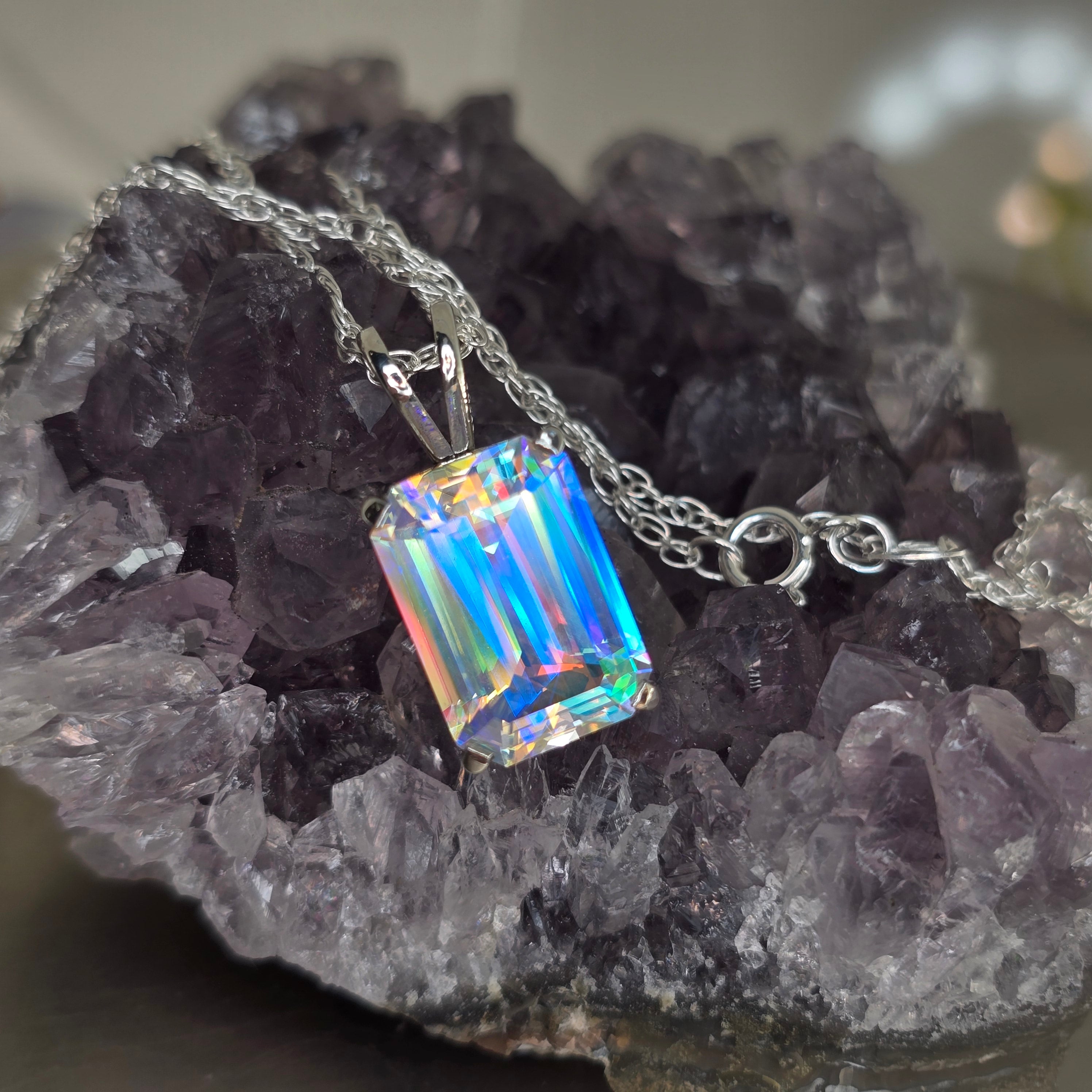 Rainbow prism cube pendant Emerald cut set in sterling silver