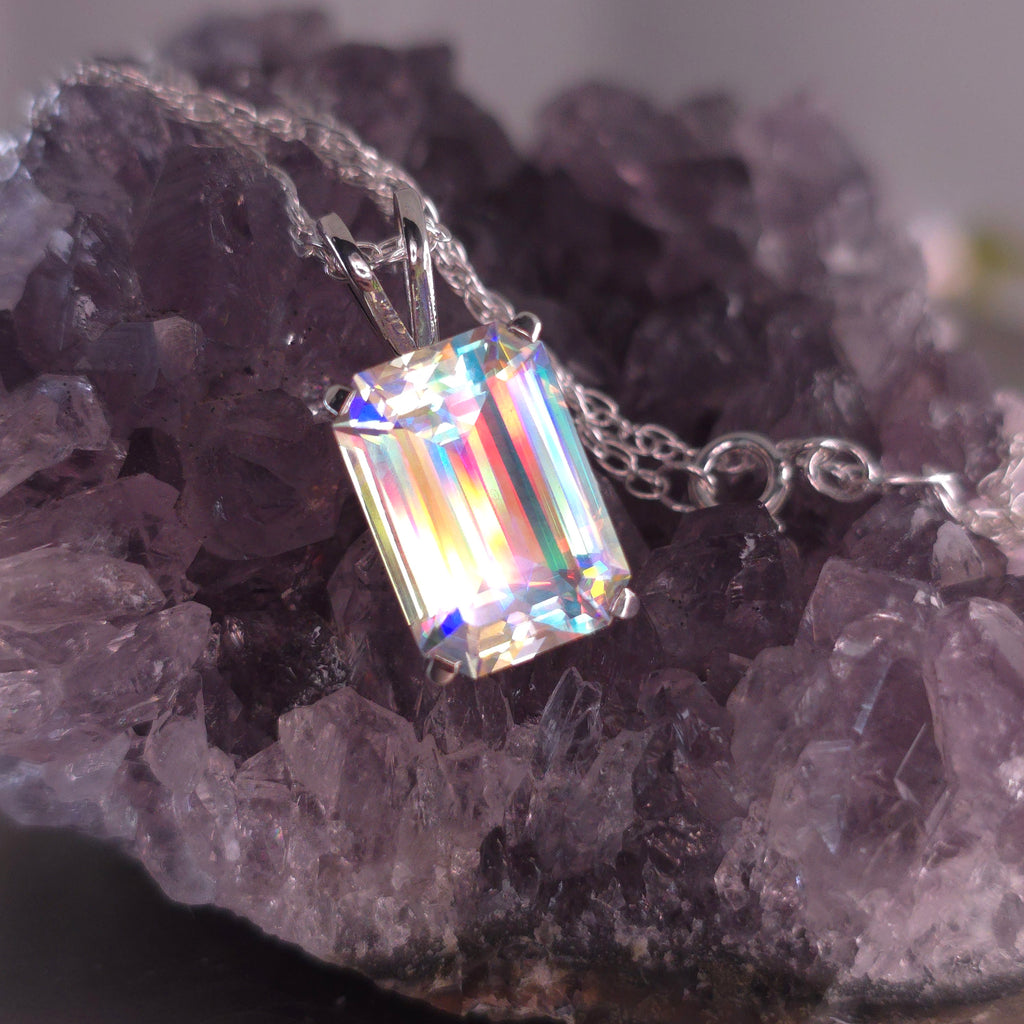 Rainbow prism cube pendant Emerald cut set in sterling silver