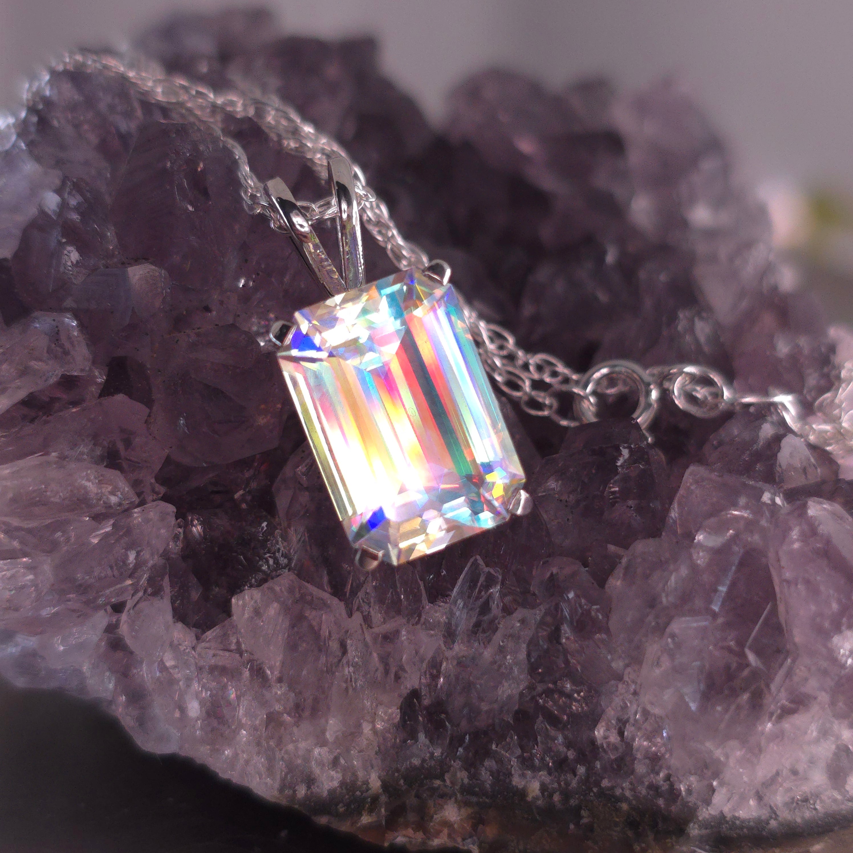 Rainbow prism cube pendant Emerald cut set in sterling silver