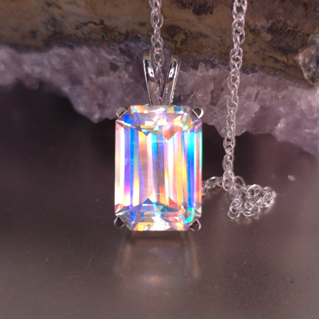 Rainbow prism cube pendant Emerald cut set in sterling silver
