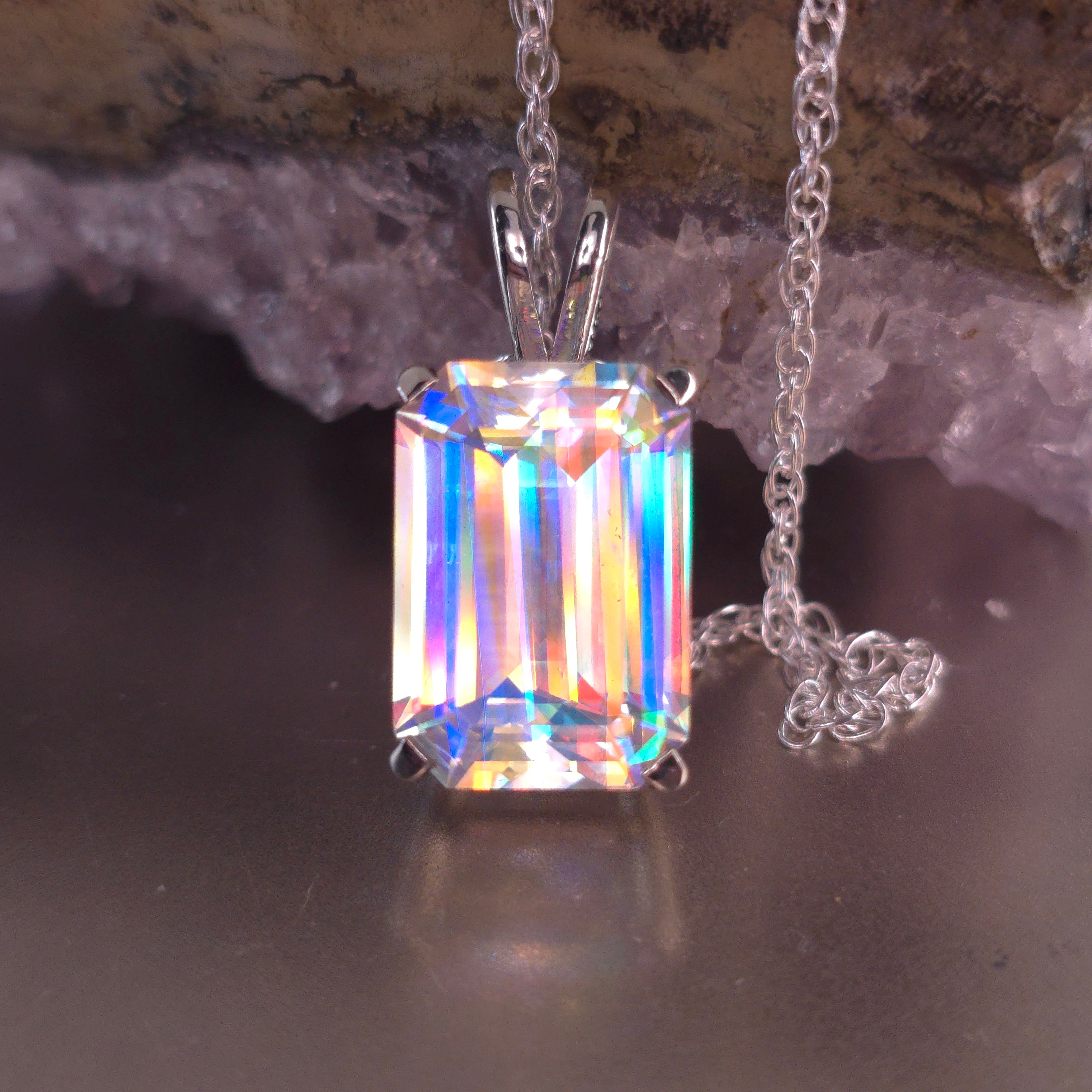 Rainbow prism cube pendant Emerald cut set in sterling silver