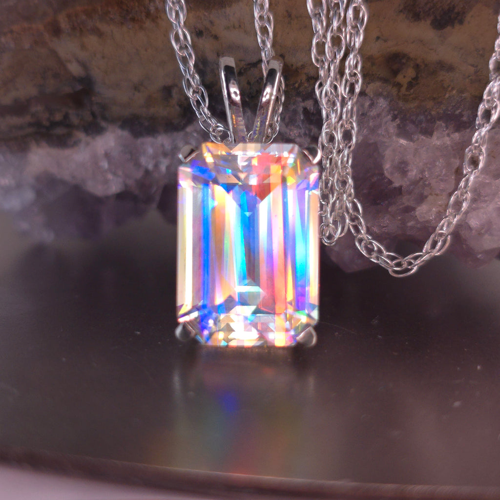 Rainbow prism cube pendant Emerald cut set in sterling silver