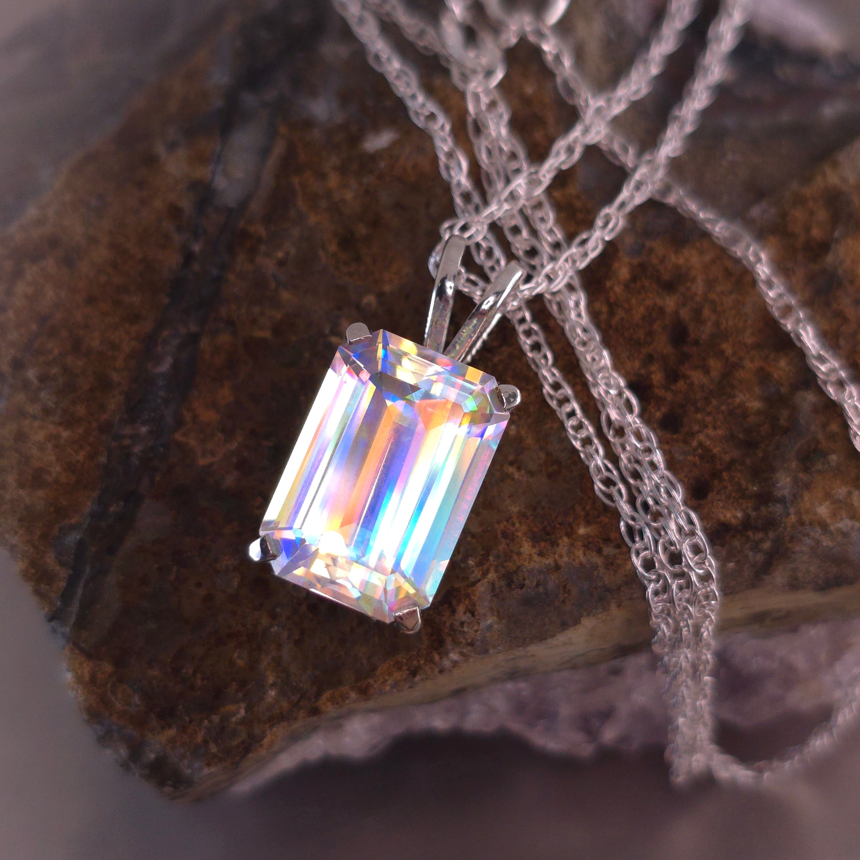 Rainbow prism cube pendant Emerald cut set in sterling silver