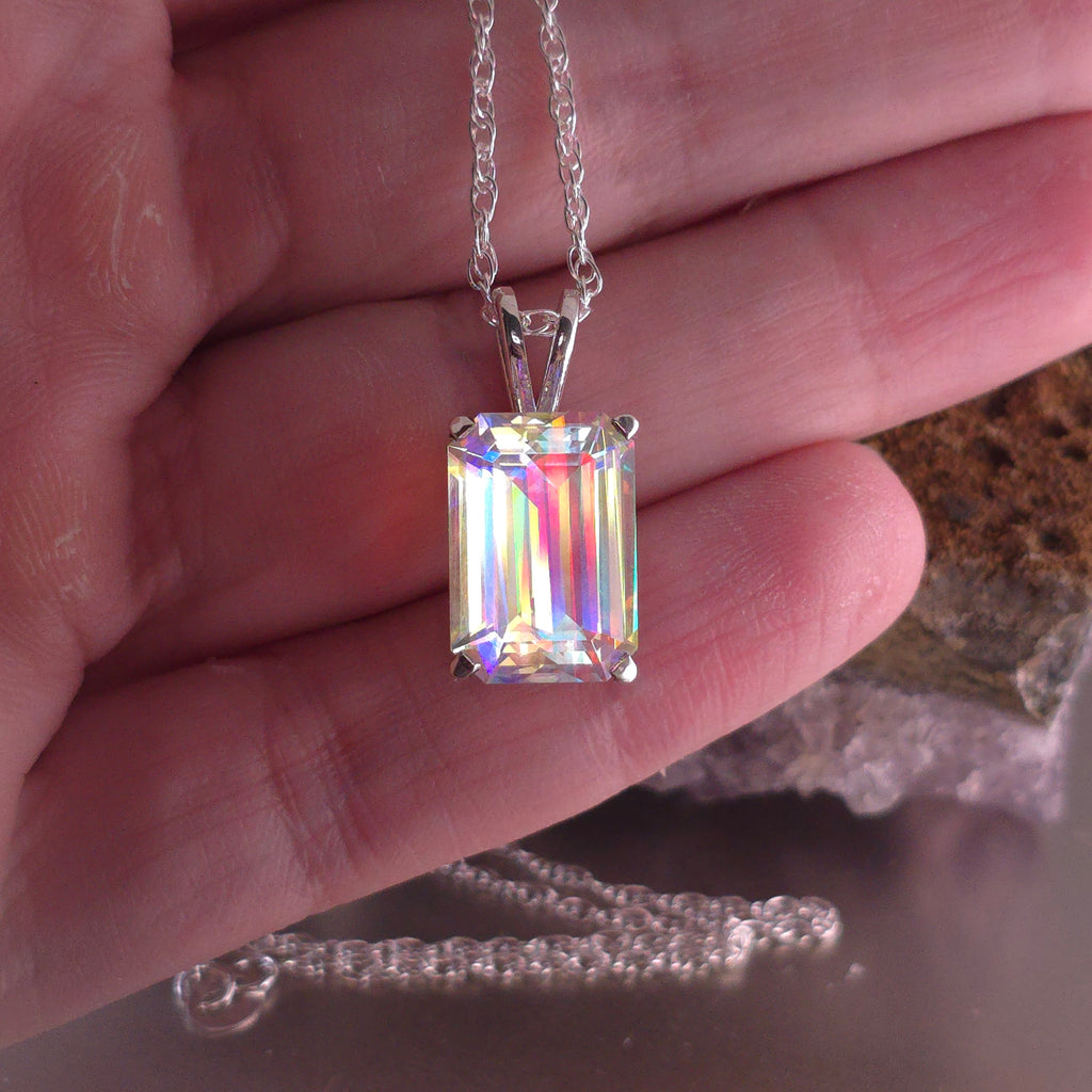 Rainbow prism cube pendant Emerald cut set in sterling silver