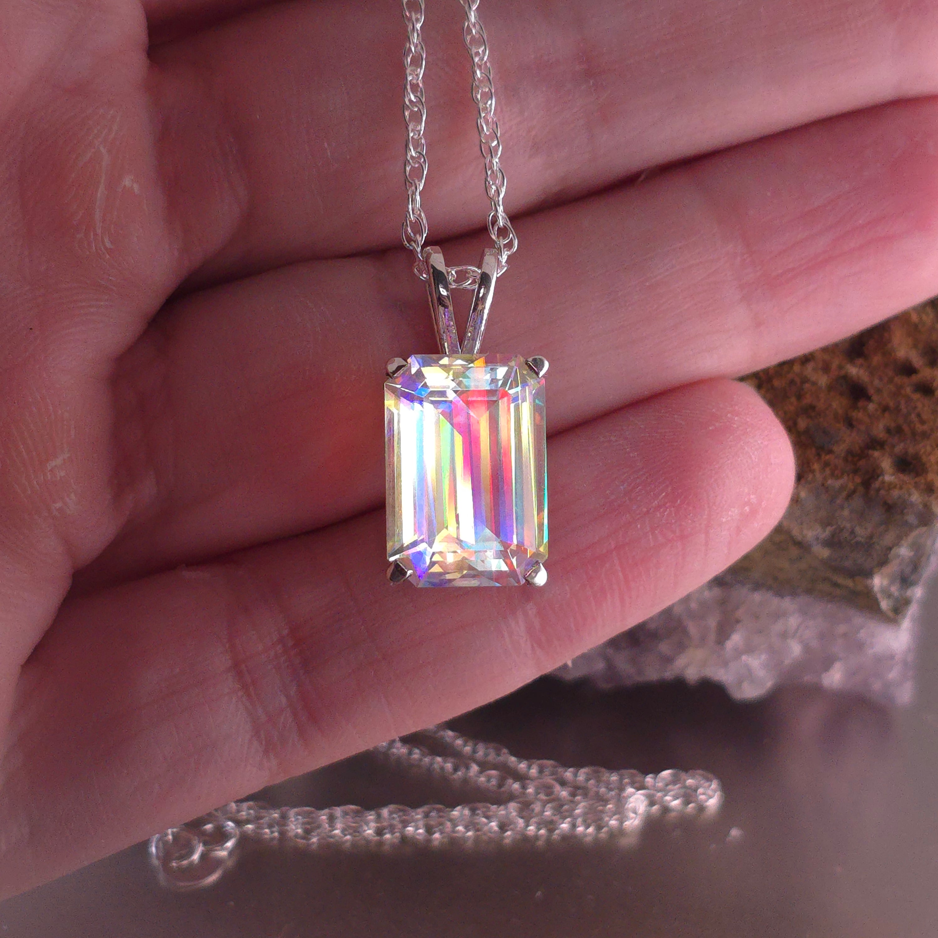 Rainbow prism cube pendant Emerald cut set in sterling silver