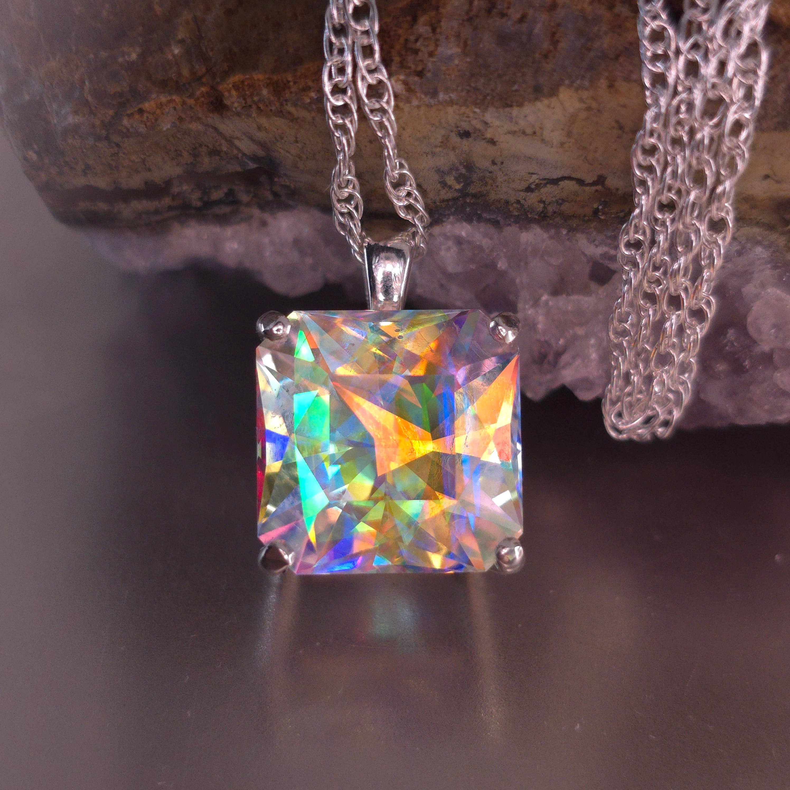 Rainbow Prism cube pendant Square Barion cut set in sterling silver