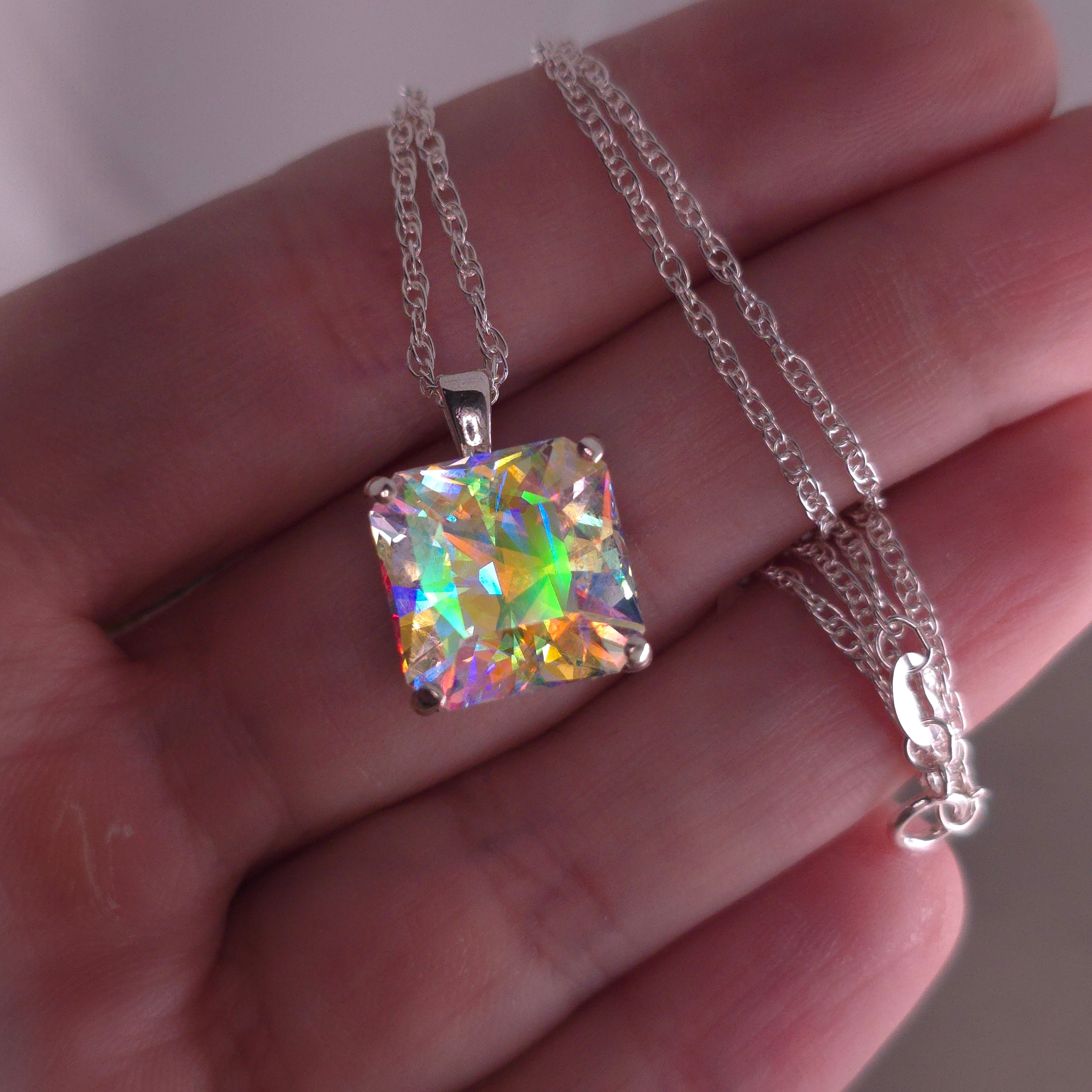 Rainbow Prism cube pendant Square Barion cut set in sterling silver