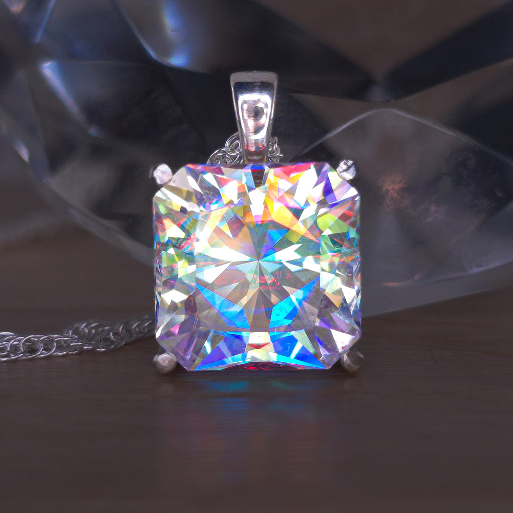 Rainbow Prism cube pendant Square Barion cut set in sterling silver