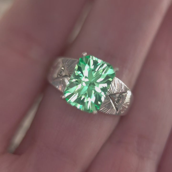 Engraved Sterling Silver Ring with 4.7ct Light Green Lab Sapphire