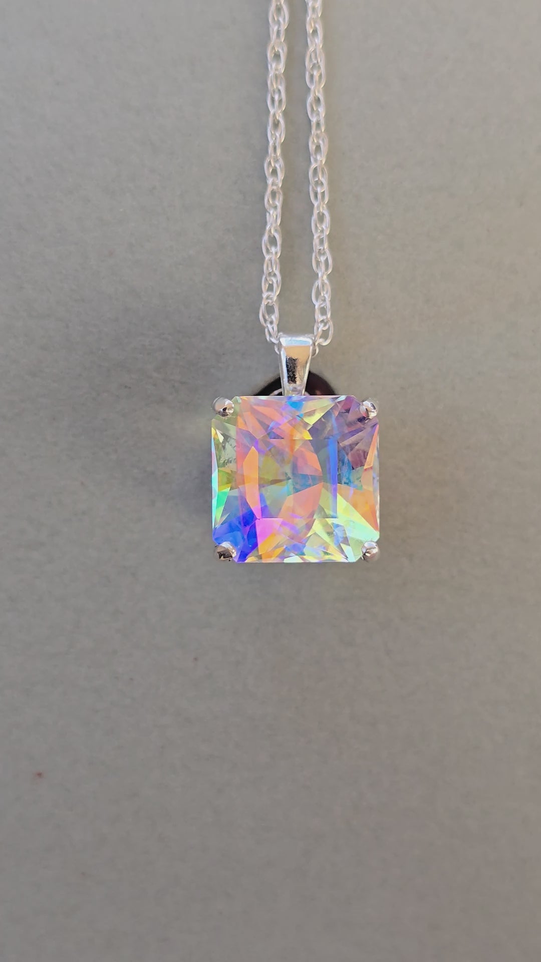 Rainbow Prism cube pendant Square Barion cut set in sterling silver