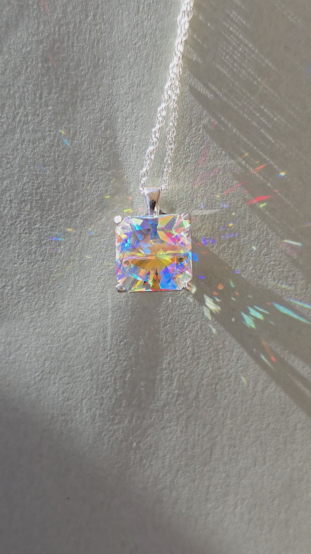 Rainbow Prism cube pendant Square Barion cut set in sterling silver
