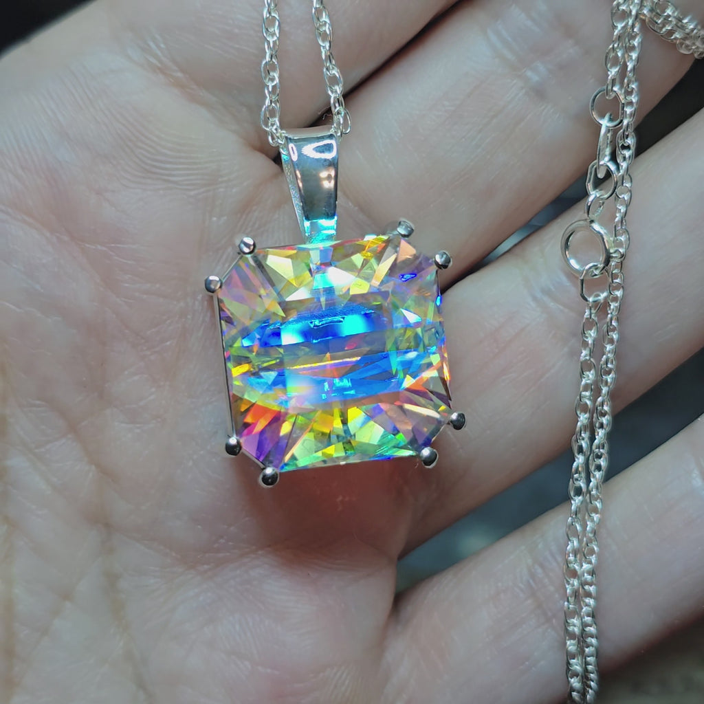 Rainbow Prism cube pendant Square Barion cut set in sterling silver 17mm