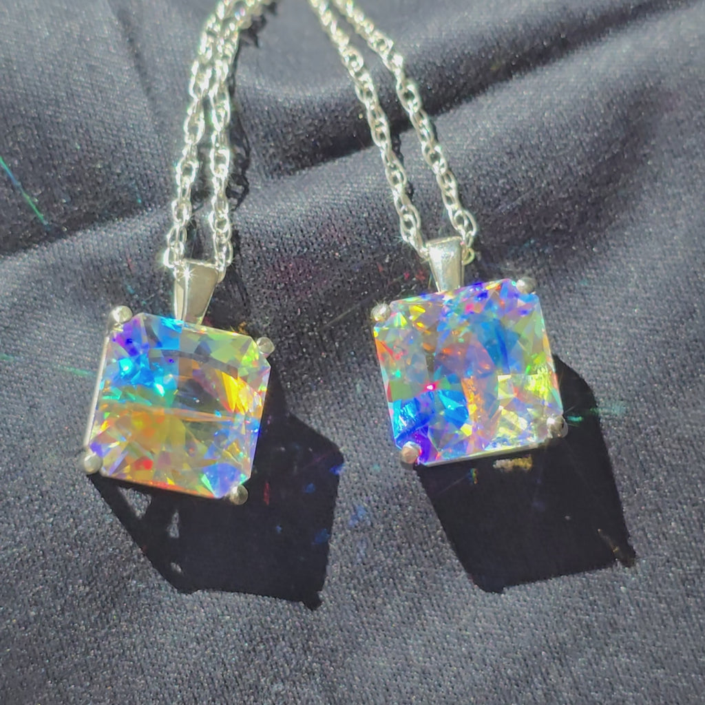 Rainbow Prism cube pendant Square Barion cut set in sterling silver 12.mm