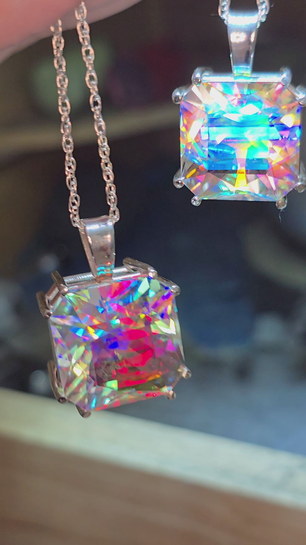 Rainbow Prism cube pendant Square Barion cut set in sterling silver 17mm