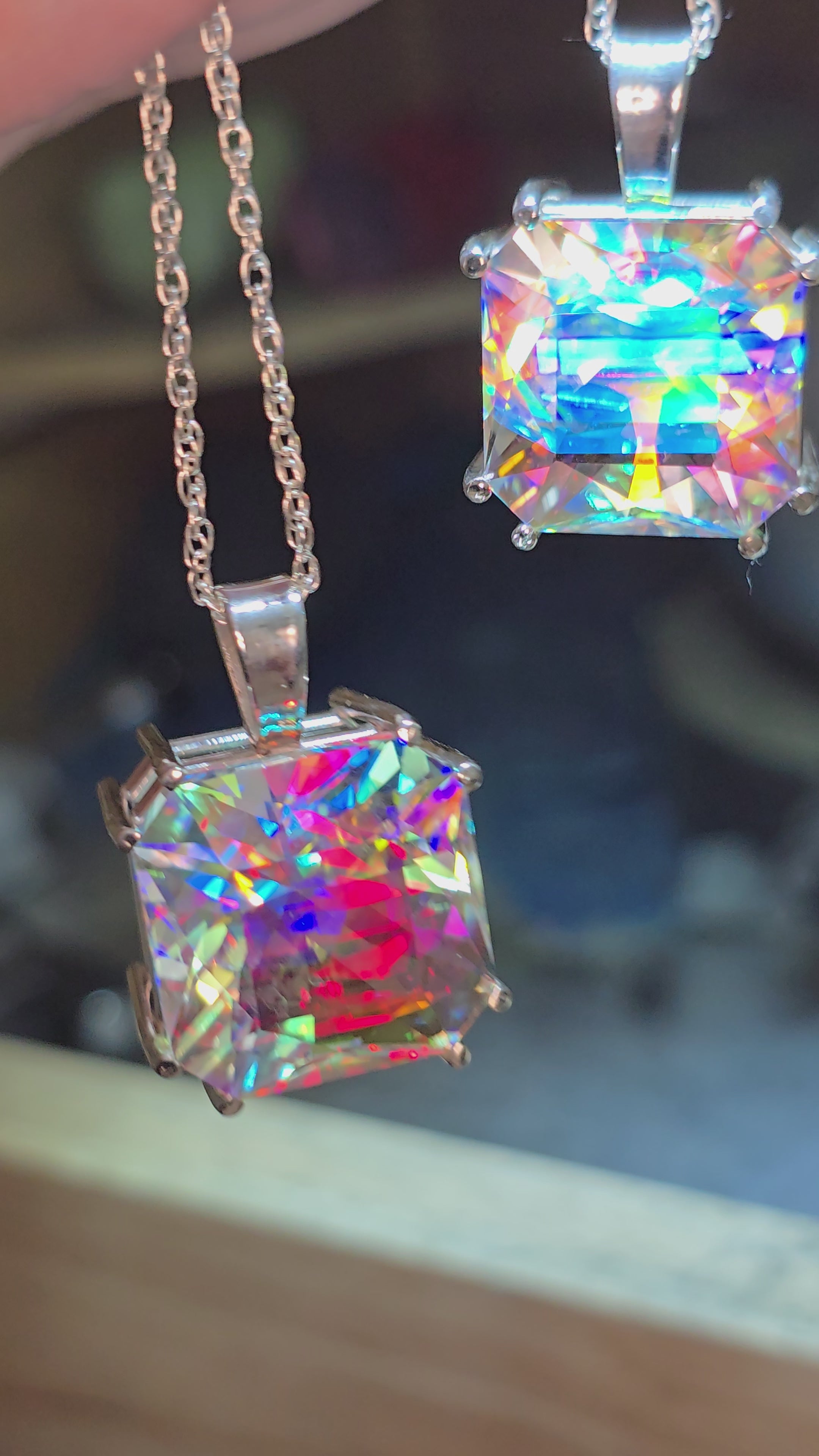 Rainbow Prism cube pendant Square Barion cut set in sterling silver 17mm