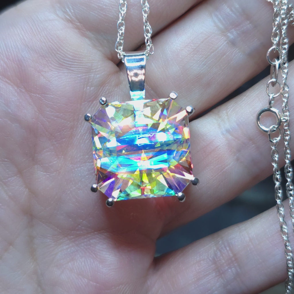 Rainbow Prism cube pendant Square Barion cut set in sterling silver 17mm