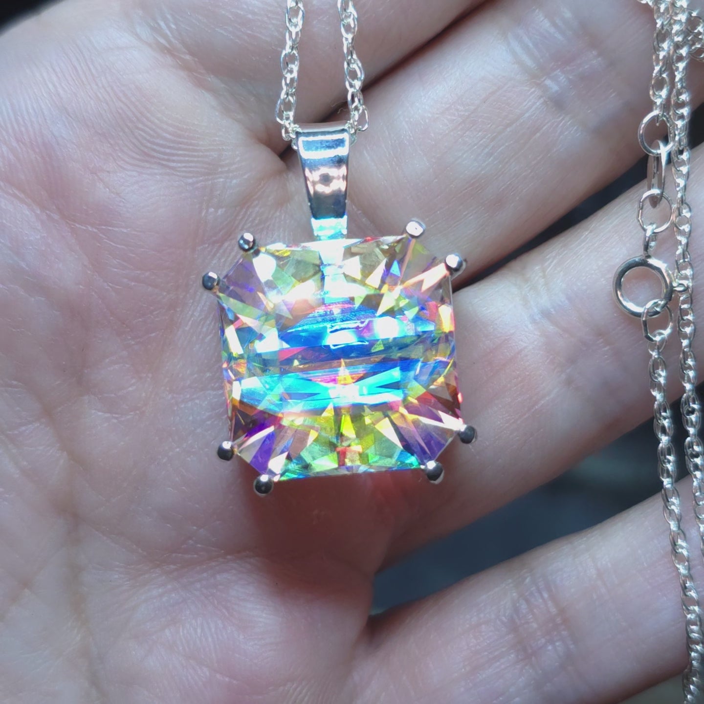 Rainbow Prism cube pendant Square Barion cut set in sterling silver 17mm